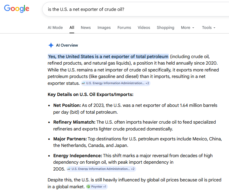 Screen shot of Google search response by Google Gemini